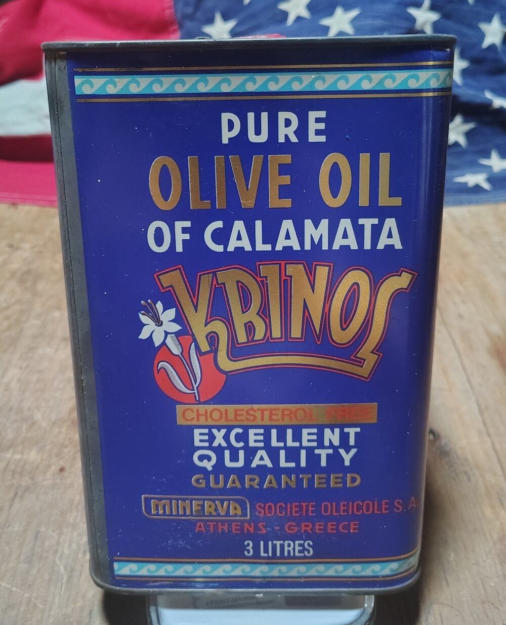 Vintage Krinos Olive Oil Advertising Tin Empty For Display Kitchen Decor